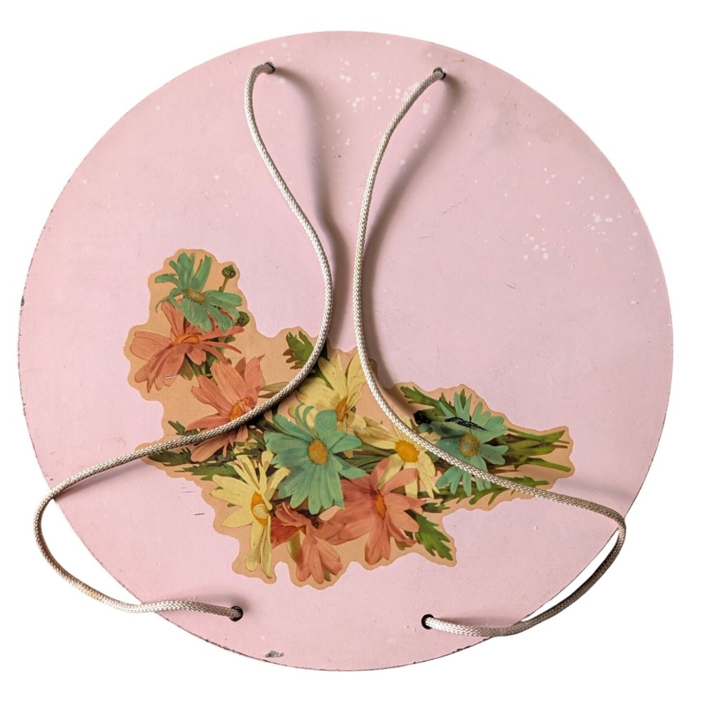 Vintage Princess Pink Wicker Round Sewing Basket Spool Rack Floral Cottagecore